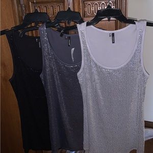 3 Sequin Racerback Tanks—Black, Dark Gray & Silver
